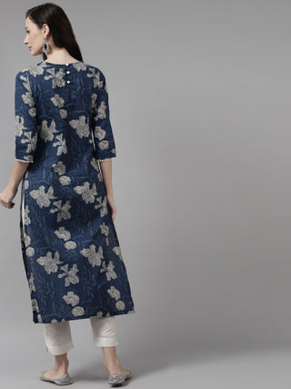 Women Blue Floral Printed Pure Cotton Straight Kurta