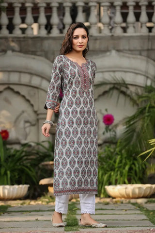 Women Grey Ethnic Motifs Printed Pure Cotton Kurta