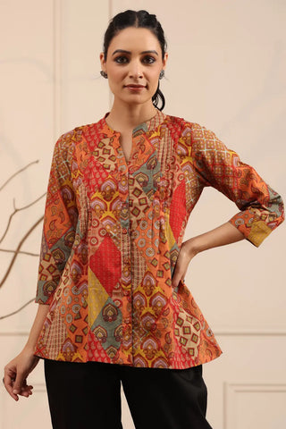 Women Rust & Mustard Abstract Print A-Line Cotton Kurti