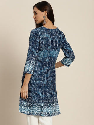 Women Navy Blue and White Ethnic Motifs Printed Tunic Top