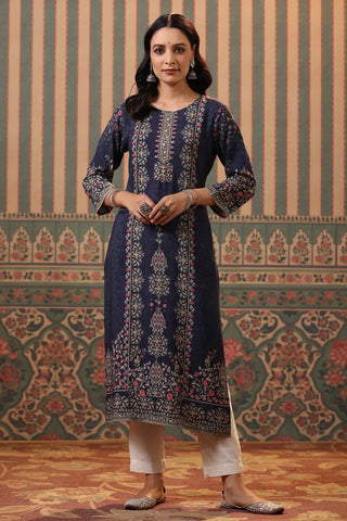 Women Blue Digital Printed Mirror Work Straight Kurta