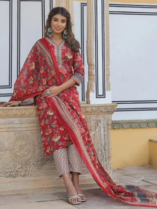 Women Red Floral Printed Pure Cotton Straight Kurta With Printed Dupatta & Printed Trouser