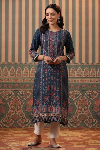 Women Blue Digital Printed Mirror Work Straight Kurta