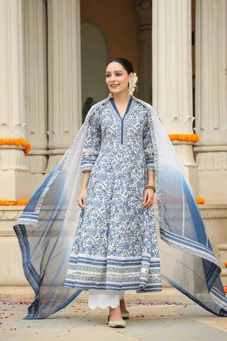 Women Floral Blue Anarkali Suit Set