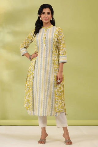 Women Green & White Ethnic Motifs Printed Pure Cotton Straight Kurta