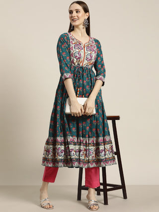 Women's Teal & Beige Floral Printed Anarkali Kurta