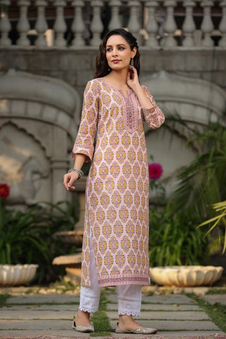 Women Pink Ethnic Motifs Printed Pure Cotton Kurta