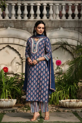 Women Blue Printed Mirror Work Cotton Kurta Set