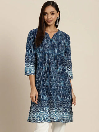 Women Navy Blue and White Ethnic Motifs Printed Tunic Top