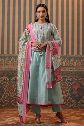 Women Pista Panelled Mirror Work Chanderi Anarkali Kurta Set