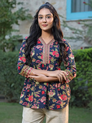 Women Navy Blue Floral Printed Pure Cotton A-line Kurti