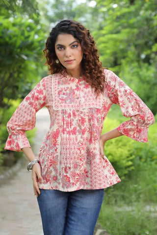 Women Peach Floral Printed Ruffle Top