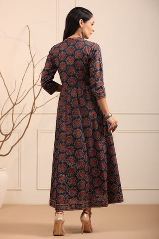 Women Blue Ethnic Motifs Printed Pure Cotton Anarkali Kurta