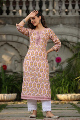 Women Pink Ethnic Motifs Printed Pure Cotton Kurta