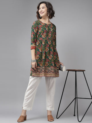 Women Green & Pink Floral Print Pleated Cotton Tunic