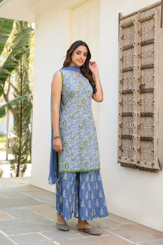 blue festive cotton kurta set