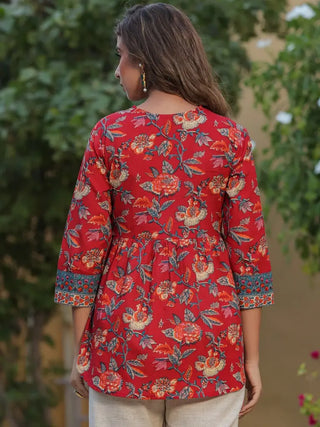 Women Red Floral Printed Pure Cotton A-line Kurti