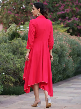 Women Fuchsia Asymmetrical Hem Dress, With V-neck