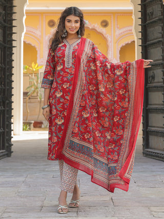 Women Red Floral Printed Pure Cotton Straight Kurta With Printed Dupatta & Printed Trouser