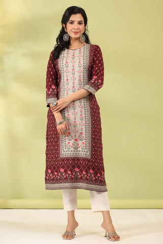 Women Maroon Digital Printed Embroidery Straight Kurta