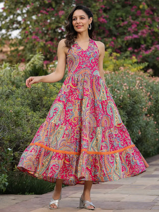 Women Paisly Printed Tiered Fit and Flare Ethnic Dress, Has A V-neck