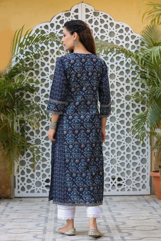 Women Navy Blue Ethnic Motifs Printed Cotton Straight Kurta