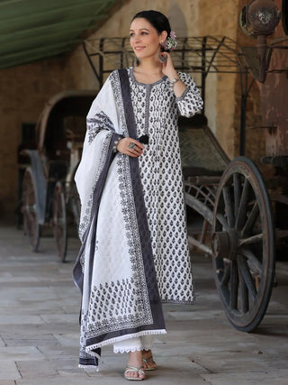 Women Black-Coloured Ethnic Motifs Printed Sequinned Pure Cotton Kurta with Trousers And Printed Dupatta