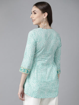 Women Sea Green & White Ethnic Motifs Printed Sequinned Pure Cotton Kurti