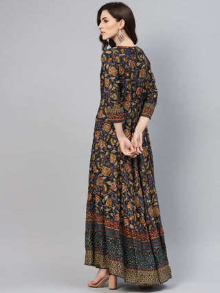 Women Navy Blue Printed Long Maxi Dress