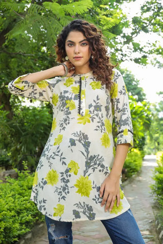 Cream & Green Floral Lace Kurti