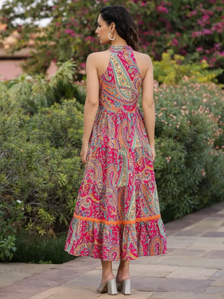 Women Paisly Printed Tiered Fit and Flare Ethnic Dress, Has A V-neck