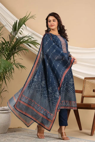 Women Blue Bandhani Printed Sequinned Kurta Set