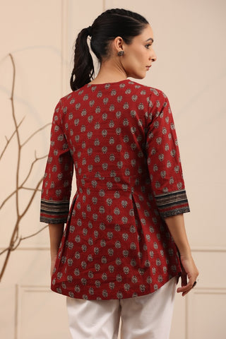 Women Maroon & Black Pure Cotton A line Kurti