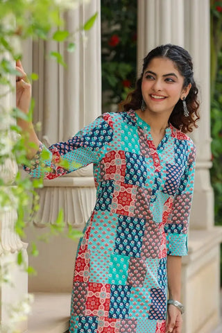 Women Blue Patch Printed A-line Kurti