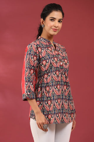 Women Blue and Red Paisley Printed A-Line Kurti