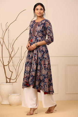 Women Navy Blue Ethnic Motifs Printed Aline Kurta