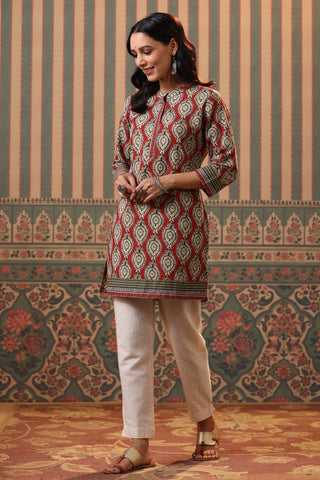 Women Red & Beige Ethnic Printed Pure Cotton Straight Kurti