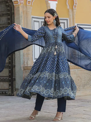 Women Panel Printed Navy Blue Anarkali Kurta With Trouser and Dupatta