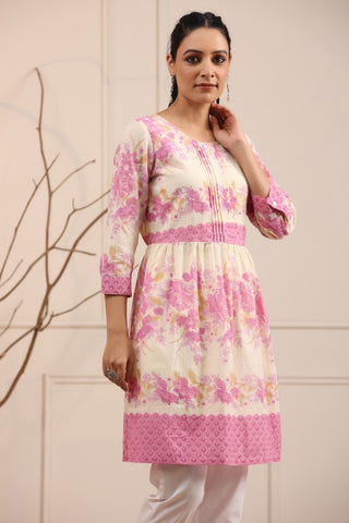 Women Cream and Pink Floral Printed A-Line Tunic