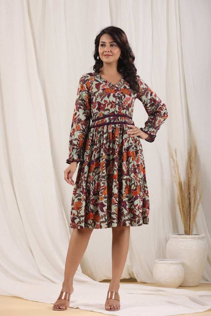 Women Printed Cotton Fit & Flare Knee Length Dress Rain & Rainbow Women Printed Cotton Fit & Flare Knee Length Dress Rain & Rainbow