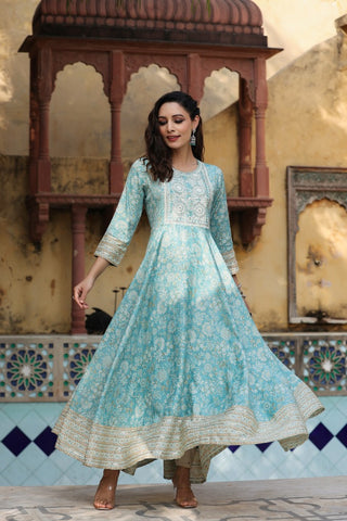 Women Sea Green Ethnic Motifs Printed Pure Cotton Anarkali Kurta