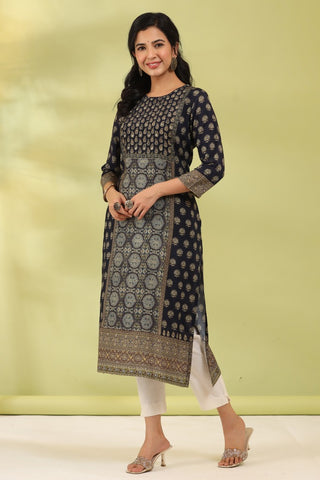 Women Black Digital Printed Mirror Work Straight Kurta