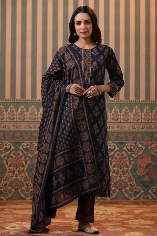 Women Blue Ethnic Printed Pure Cotton Kurta Set