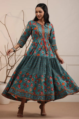 Women Green & Red Ethnic Pure Cotton A-Line Long Dress