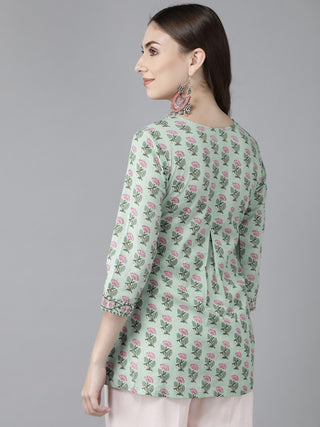 Women Green & Pink Floral Printed Sequinned Pure Cotton Kurti