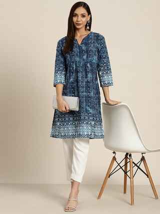 Women Navy Blue and White Ethnic Motifs Printed Tunic Top