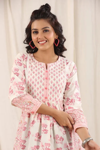 Women Peach Ethnic Motifs Printed Pure Cotton Kurti