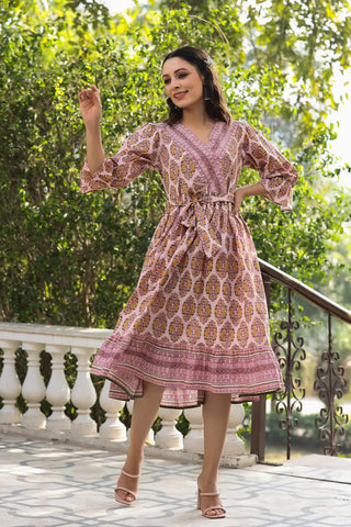 Women Pink Ethnic Motifs Printed Tie Up Pure Cotton Wrap Dress