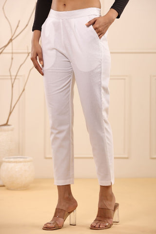 Stylish White Cotton Pleated Cigarette Trousers