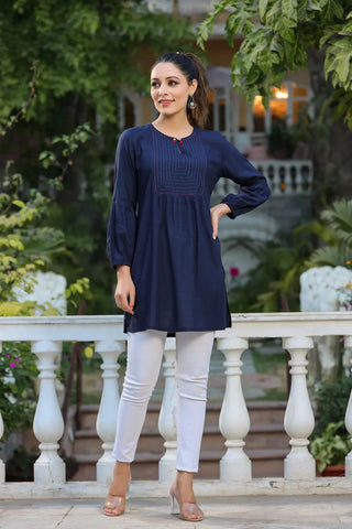 Women Navy Blue Solid Embroidered & Thread Work Cotton A line Kurti